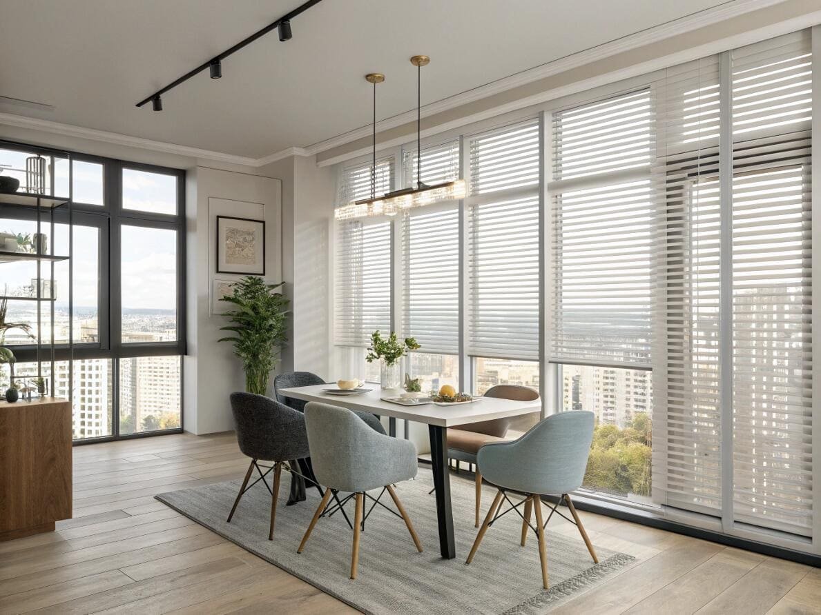 Bright dining room with white faux wood blinds featuring decorative tapes for style.
