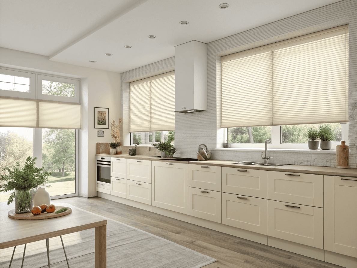 Contemporary kitchen featuring energy-efficient cellular honeycomb shades matching the cream-colored cabinets perfectly.
