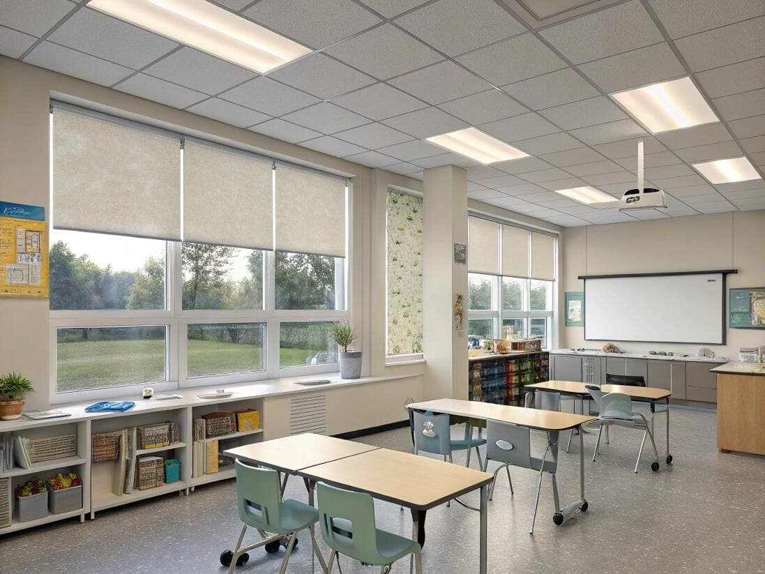 School classroom equipped with durable, light-blocking roller shades for an optimal learning environment.