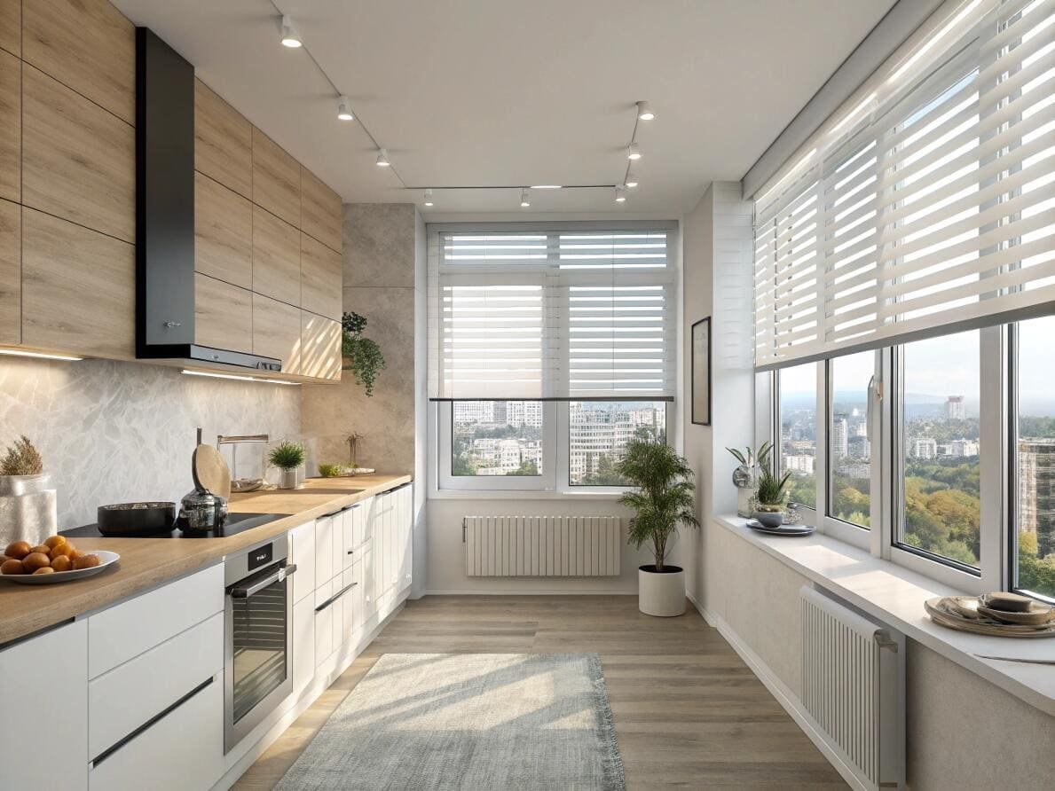 Modern galley kitchen with versatile zebra shades for adjustable light and urban views.