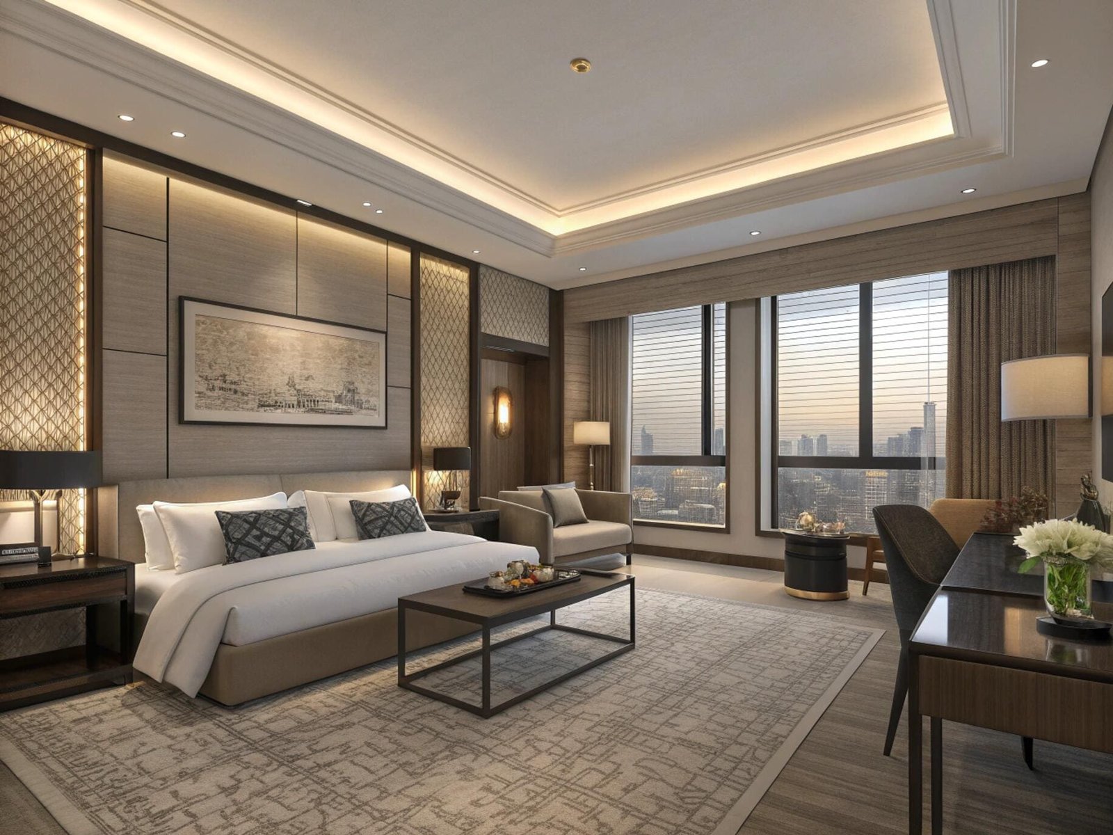 Elegant hotel suite featuring sophisticated venetian blinds for a luxurious guest experience.