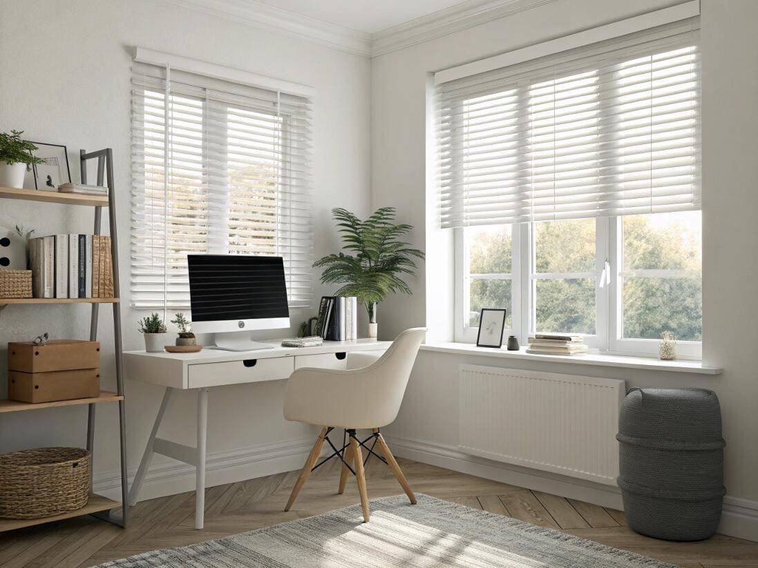 Clean, minimalist home office with white venetian blinds for a bright, productive atmosphere.
