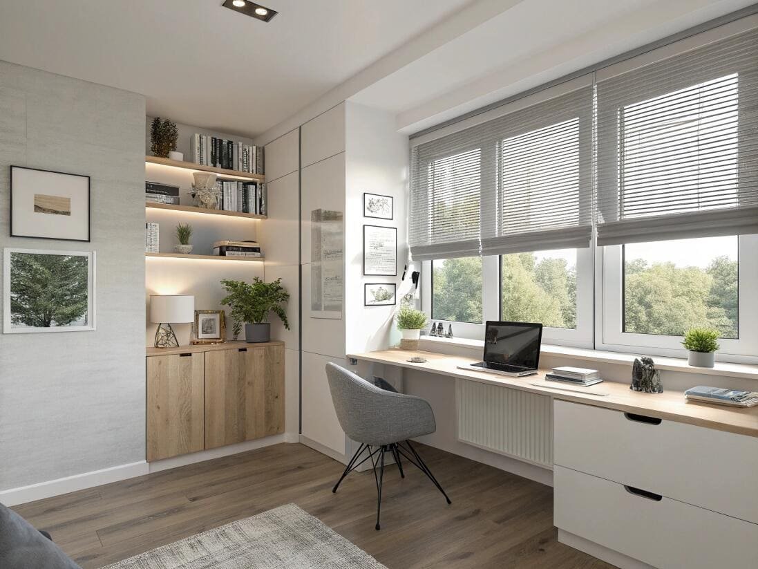 Modern home office with light-filtering venetian blinds creating a productive, focused workspace.