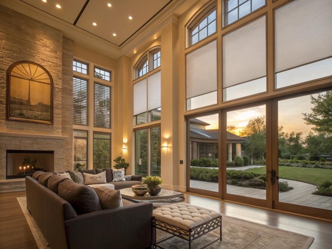 Grand living room with custom motorized cellular shades for tall and arched windows.