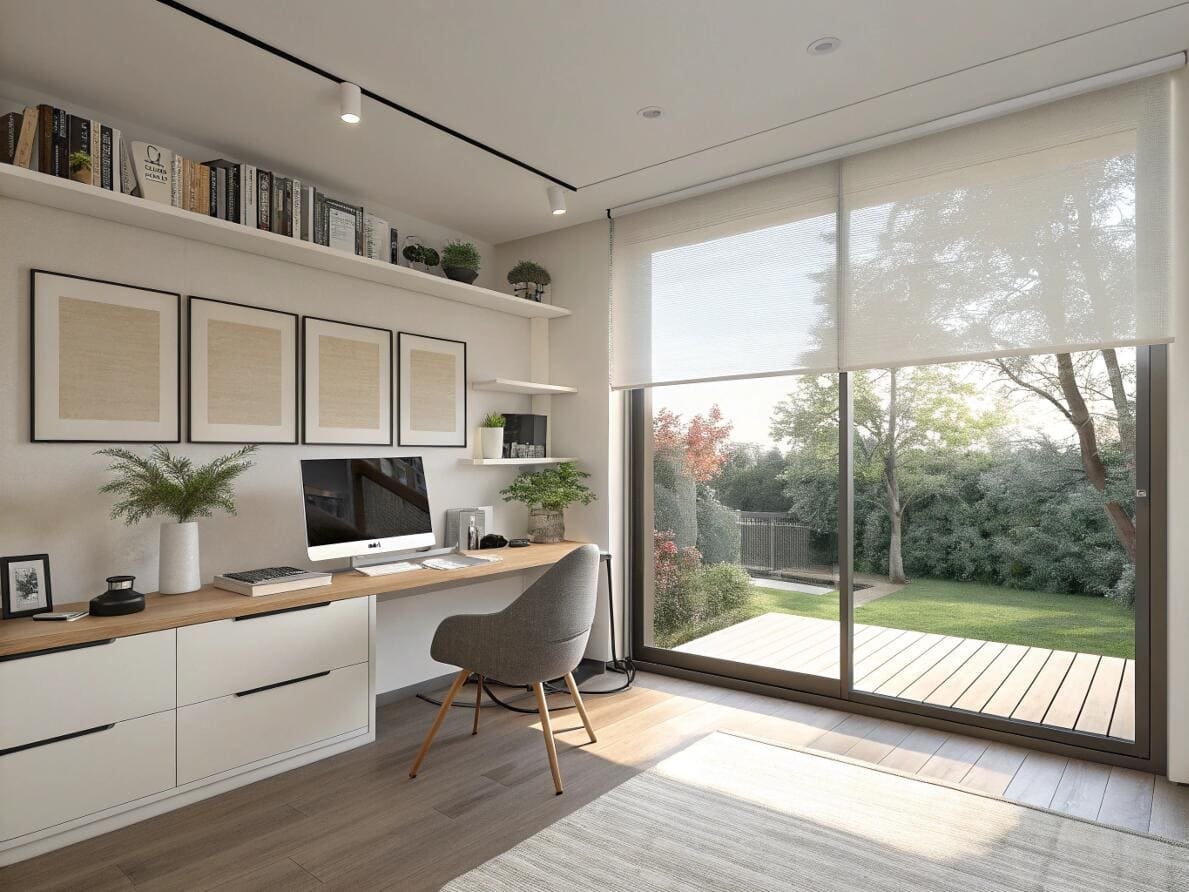 Minimalist home office with a solar roller shade on patio door for garden views.