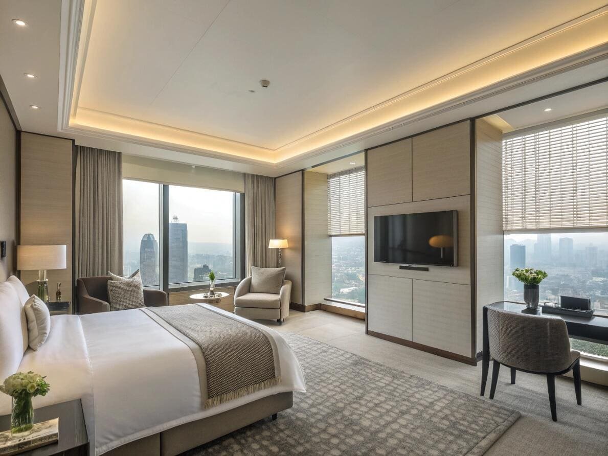 Luxury hotel suite featuring premium venetian blinds for guest privacy and light control.