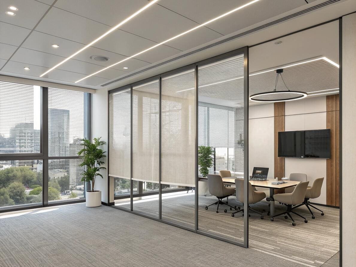 Modern office with solar roller shades on a glass partition for meeting room privacy.