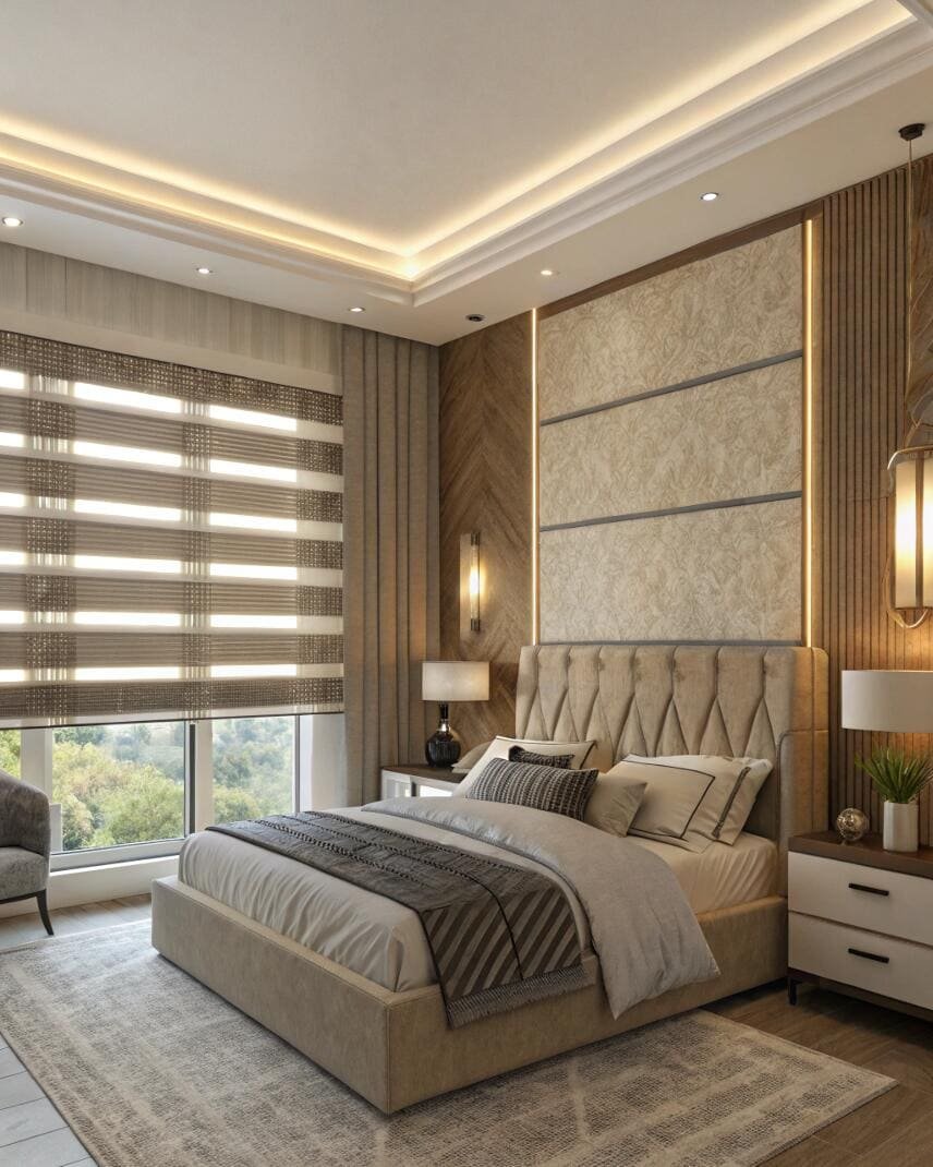 Luxurious bedroom with a large bed and horizontal striped zebra blinds for privacy.