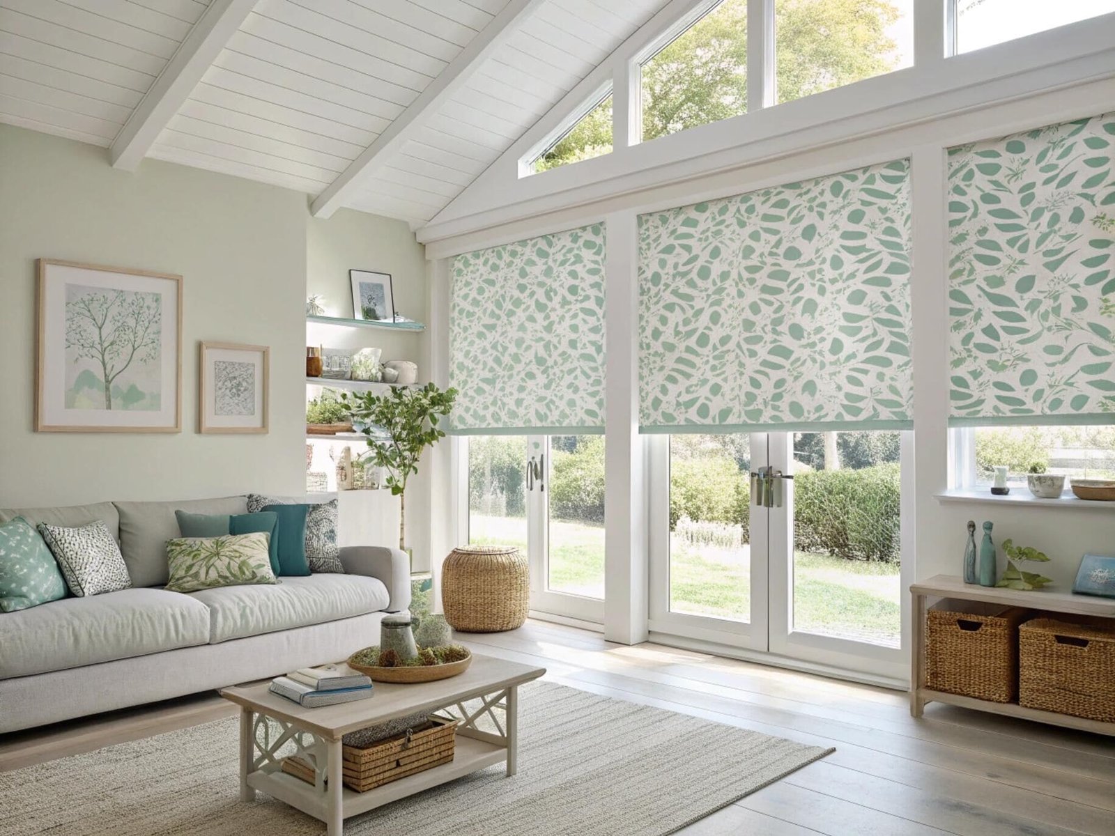 Airy living room with decorative leaf-patterned roller shades adding a touch of nature.