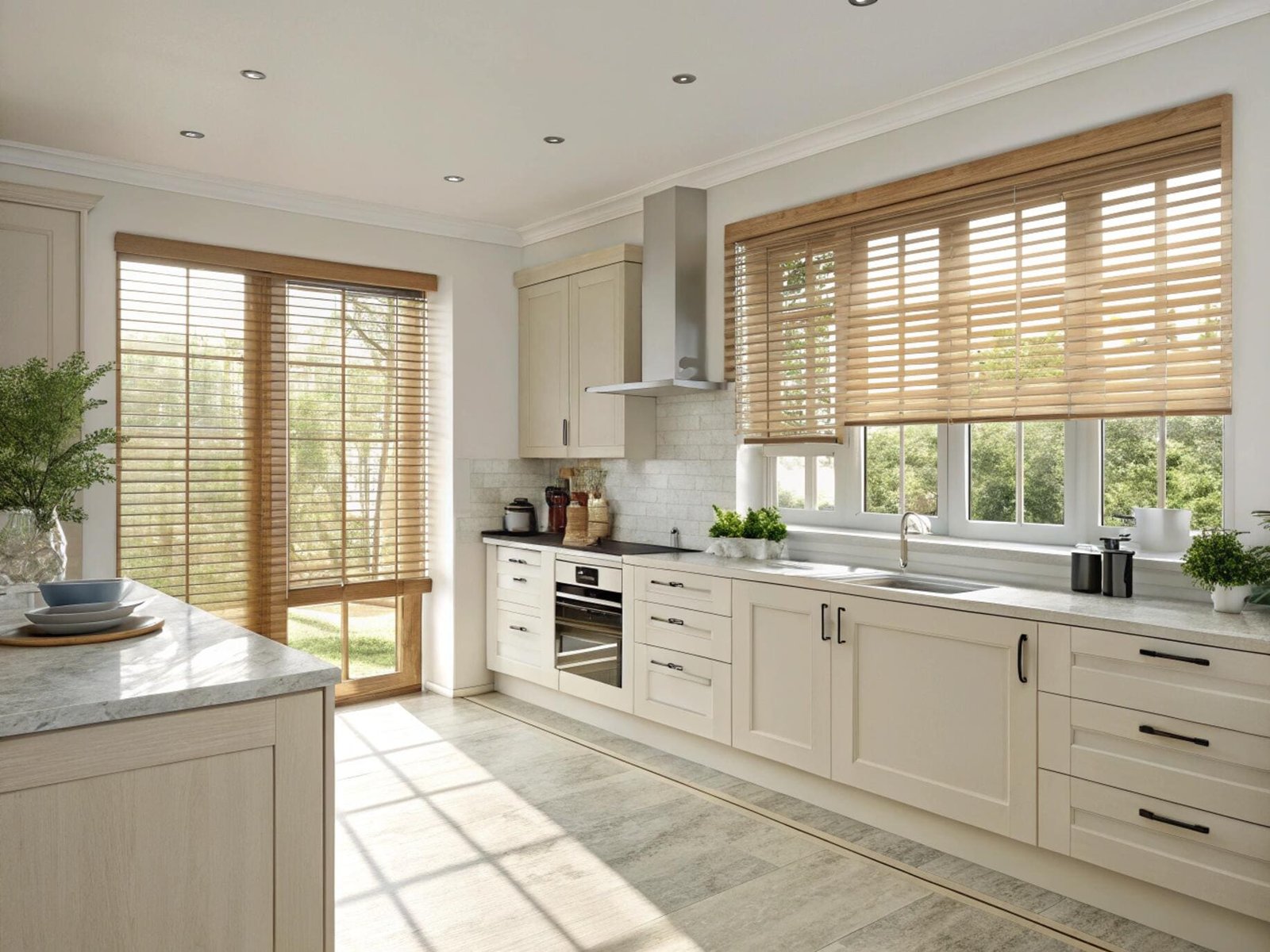 Bright, contemporary kitchen with natural faux wood blinds for durable and stylish windows.
