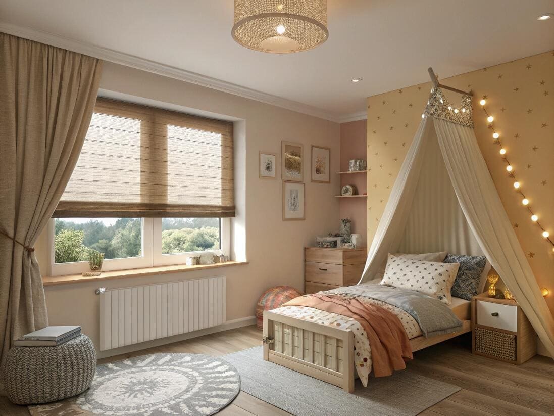 Cozy child's bedroom with a cordless Roman shade for a safe and warm atmosphere.