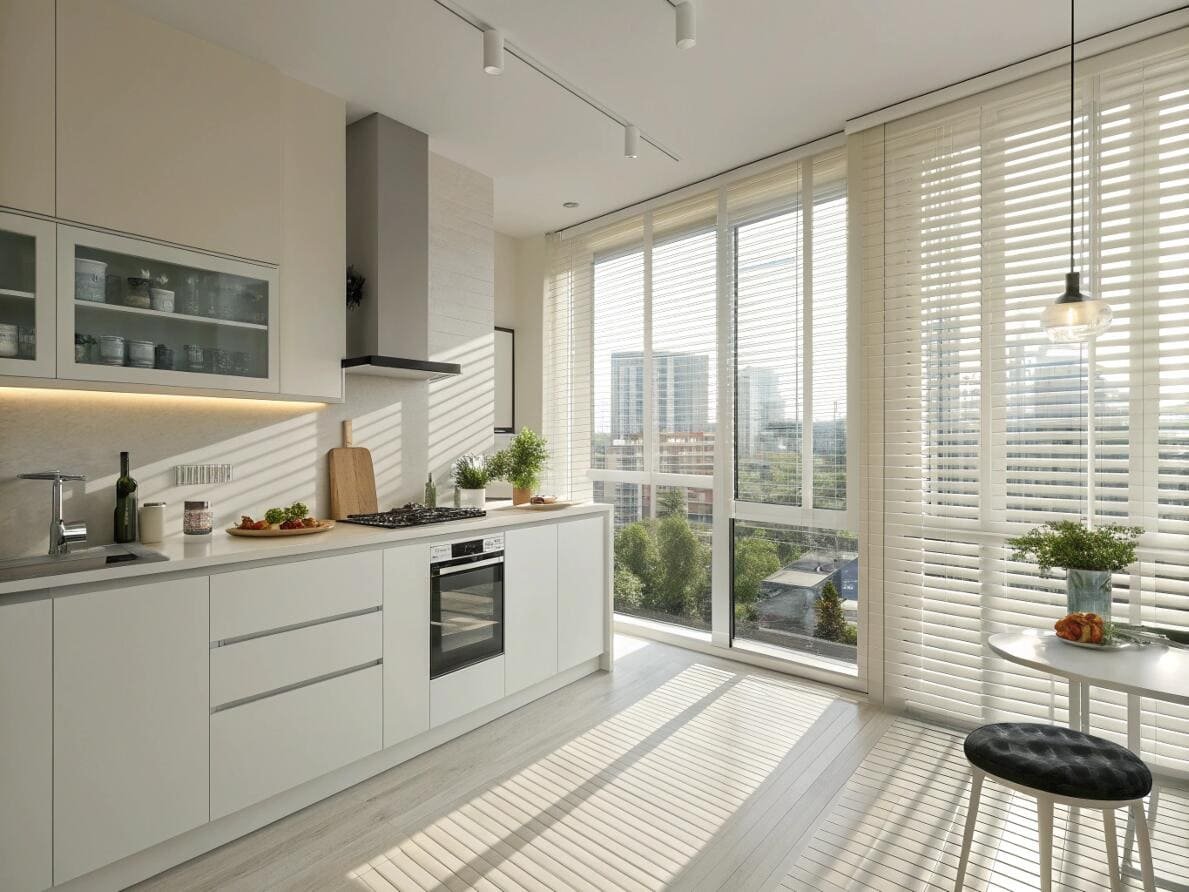 Modern kitchen with durable white faux wood blinds for bright, easy-to-clean window coverings.