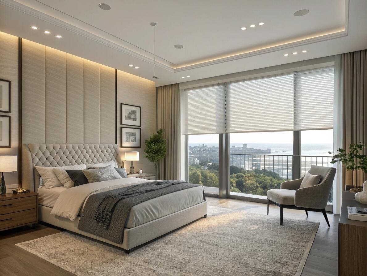 Serene modern bedroom with large cellular shades for privacy and beautiful light filtering.