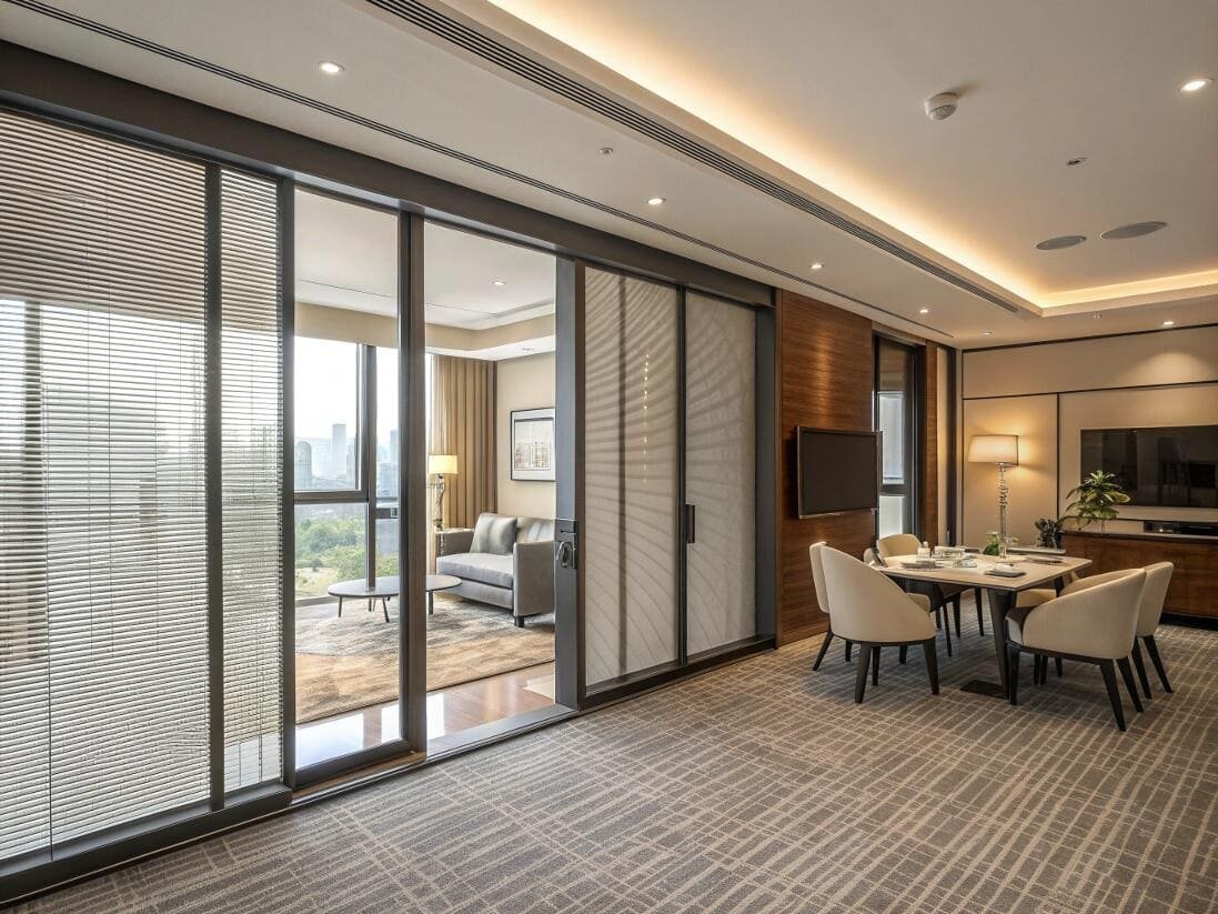 Luxury hotel suite with glass wall partition featuring integrated blinds for privacy control.
