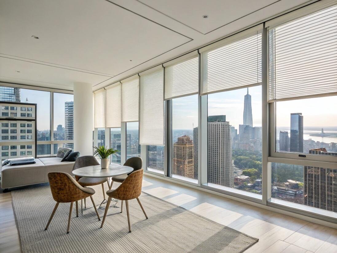 Energy-efficient cellular shades offer light filtering in a high-rise city apartment.