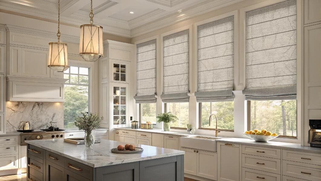 Spacious kitchen with multiple light grey Roman shades.