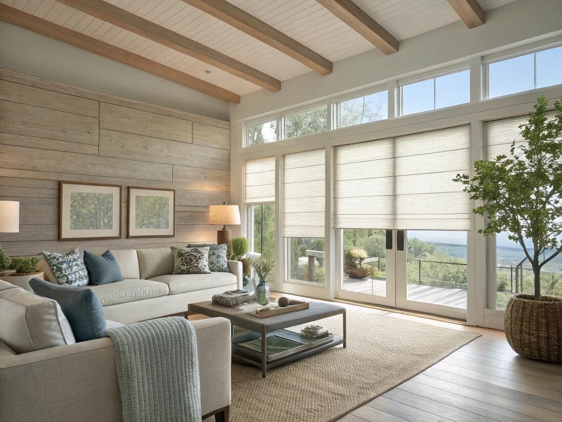 Light-filtering flat roman shades providing a clean look for a bright living room.