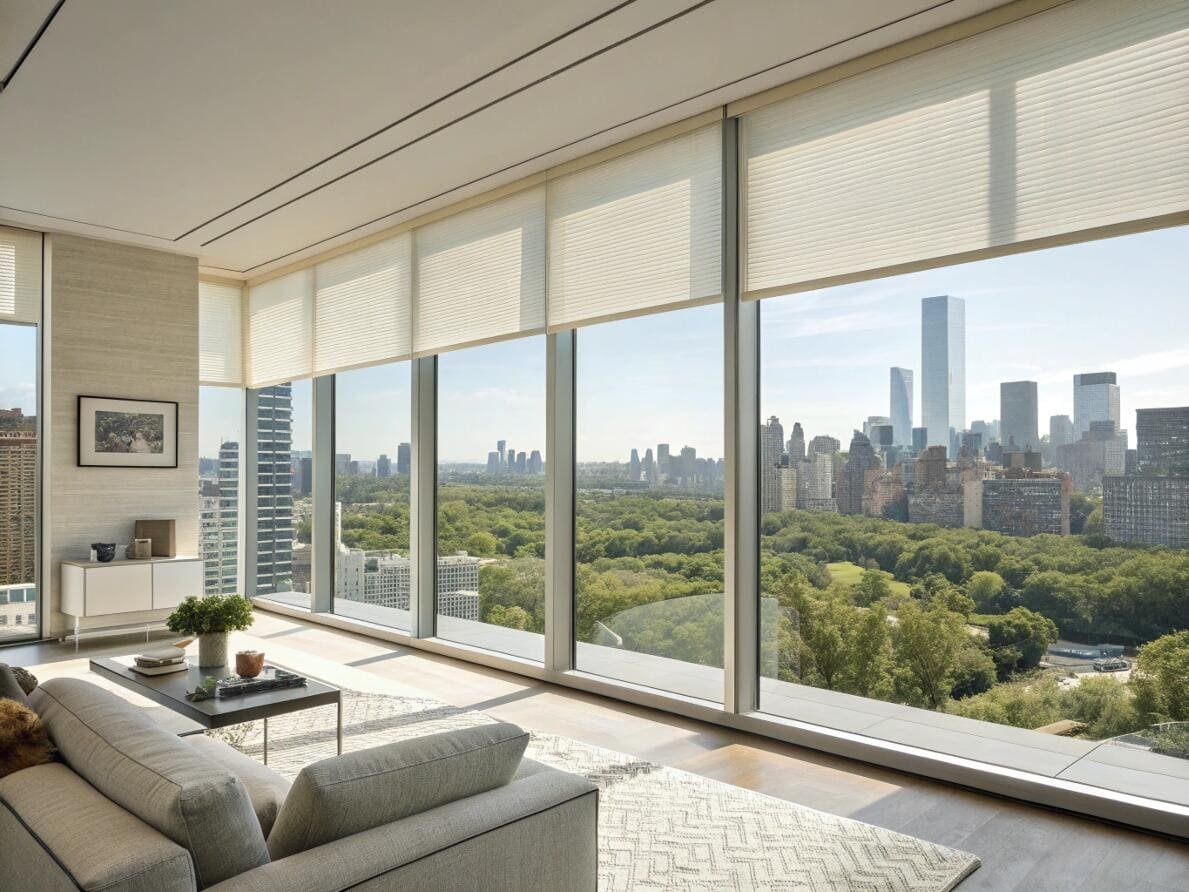 Energy-efficient cellular shades provide light filtering for a modern apartment with city views.