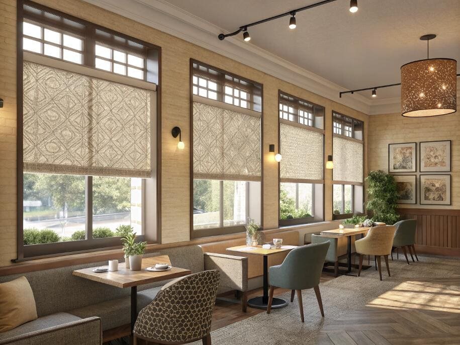 Custom patterned roller shades add unique style and ambience to a cafe interior.