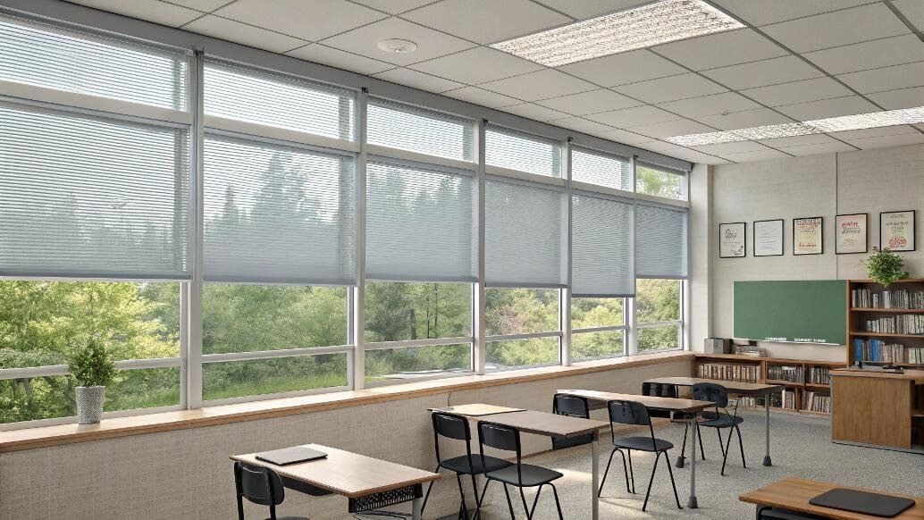 Light-filtering cellular shades create a comfortable learning environment in a school classroom.