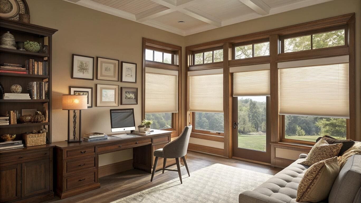 Energy-efficient cellular shades offer insulation and light control for a traditional home office.