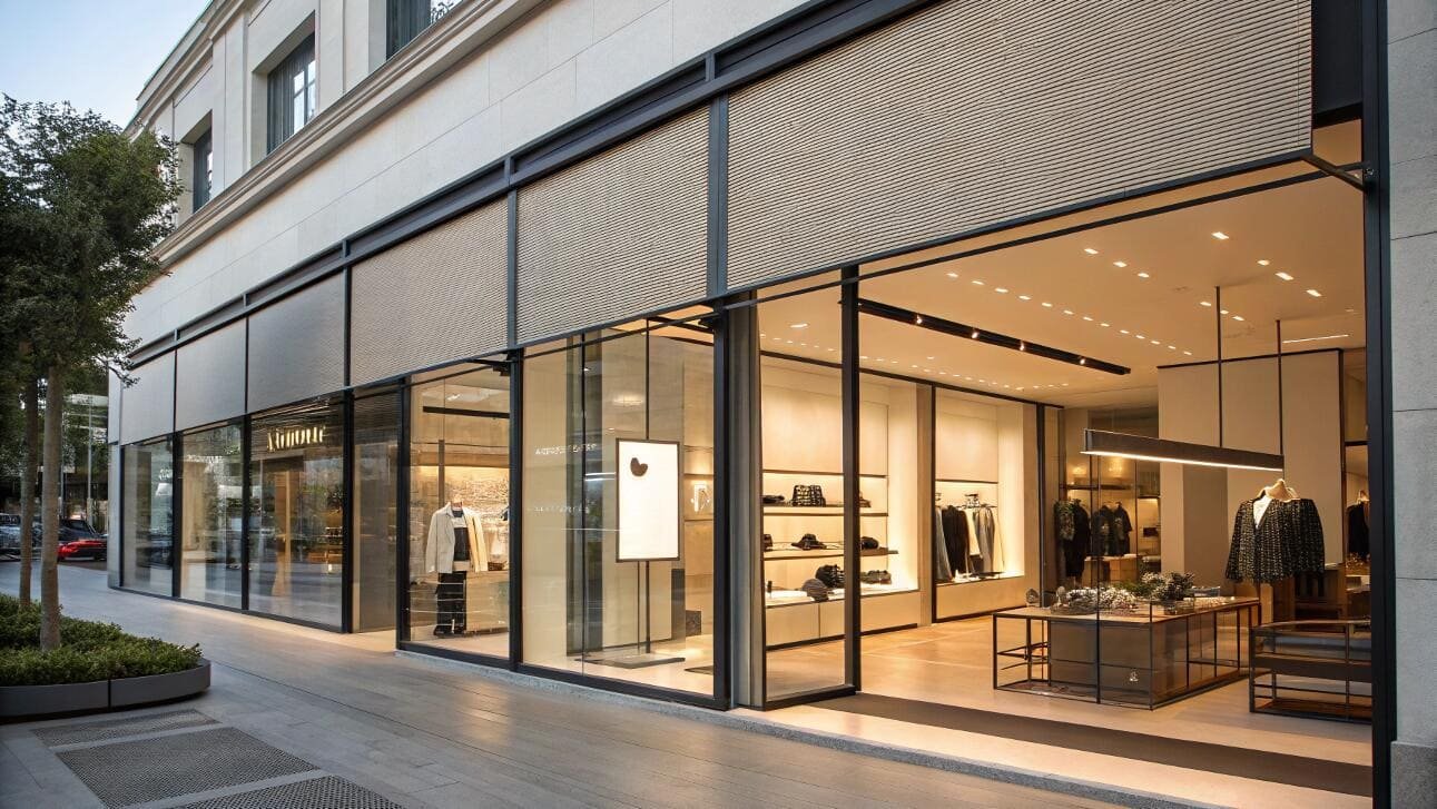 Sleek solar shades maintain visibility while controlling glare for a luxury retail storefront.