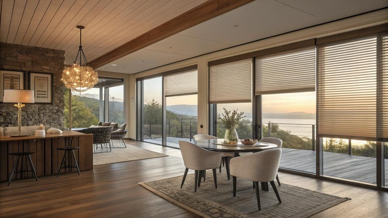 Energy-efficient cellular shades enhance a modern dining room with expansive sunset views.