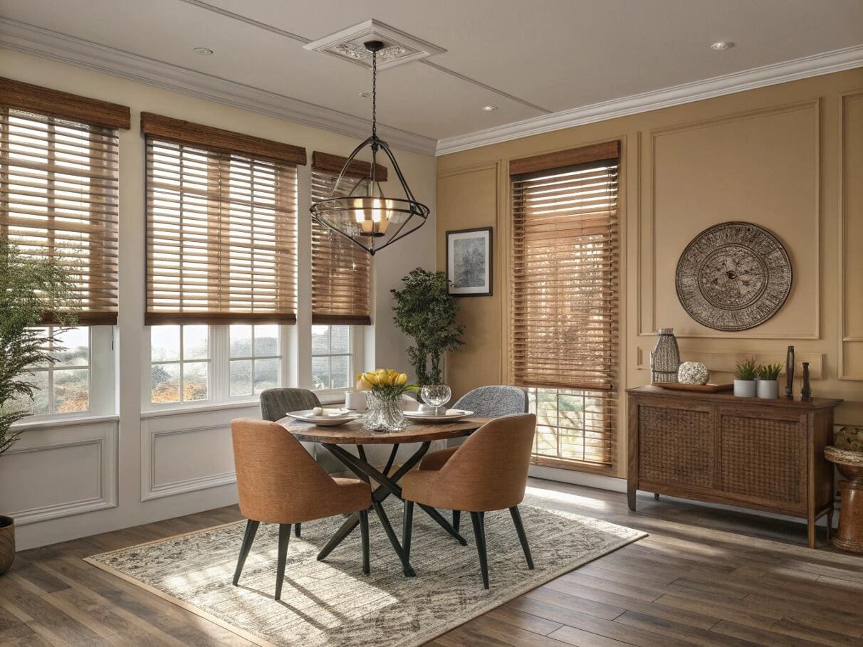 Dark wood venetian blinds add classic elegance and privacy to a traditional dining room.