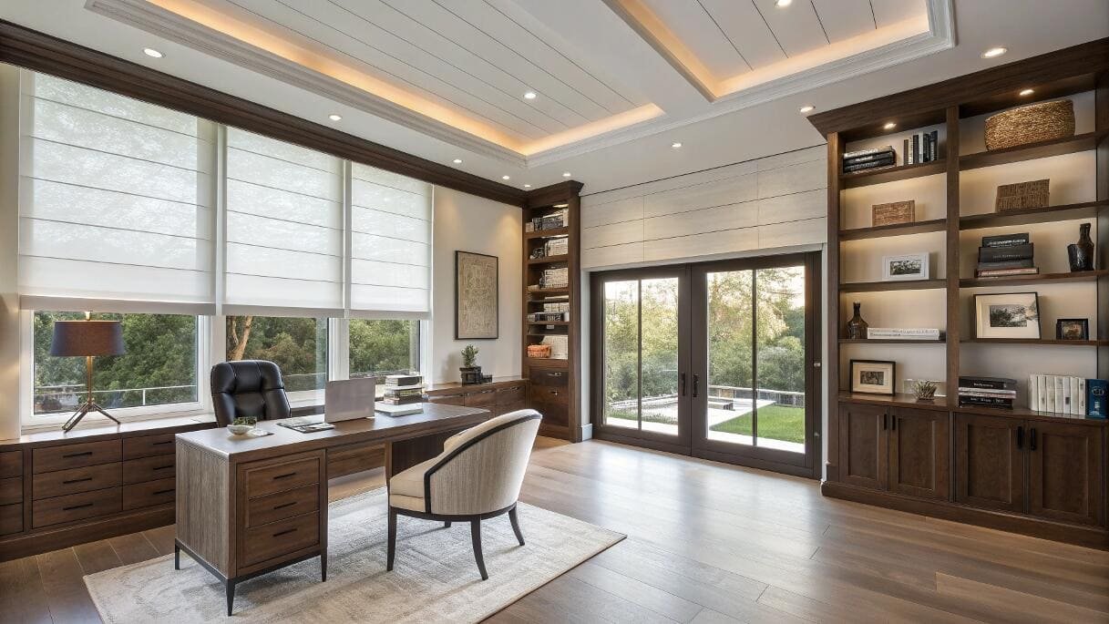 White roman shades provide elegant, diffused light for a luxurious home office design.