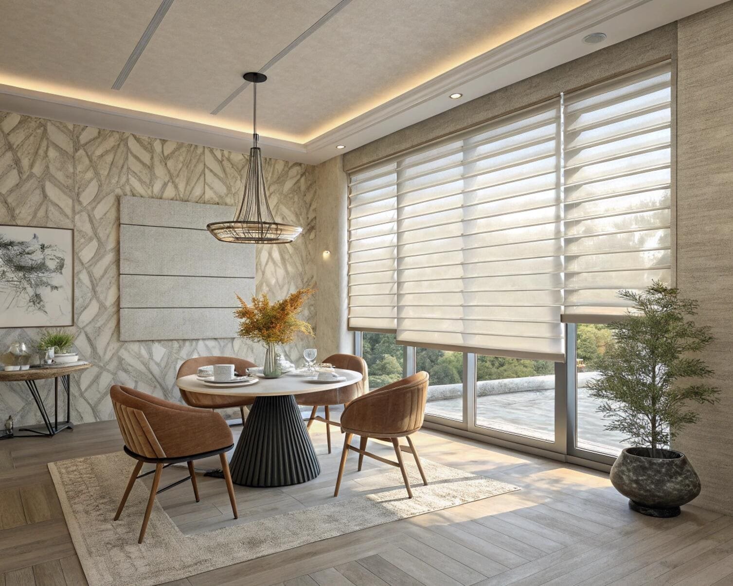 Contemporary dining room with scenic view and wide light sheer window blinds.