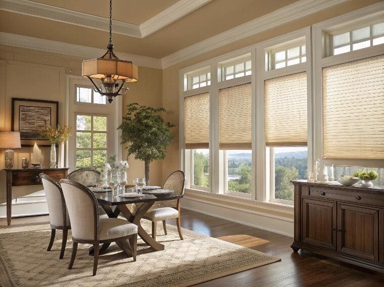 Natural-toned cellular shades offer elegant light filtering in a traditional dining room setting.