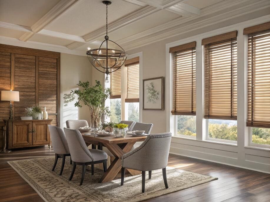 Light wood venetian blinds enhance the natural, rustic aesthetic of a modern dining room.