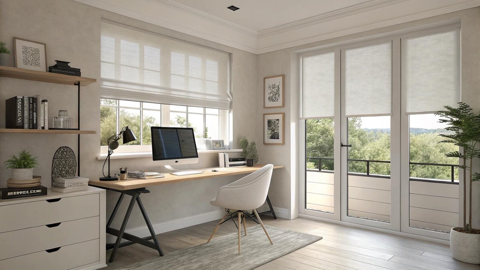 Light-filtering Roman and roller shades create a bright, functional modern home office.