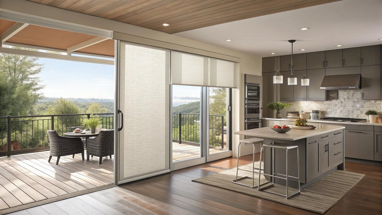 Modern panel track blinds offer a sleek covering for large sliding glass doors.