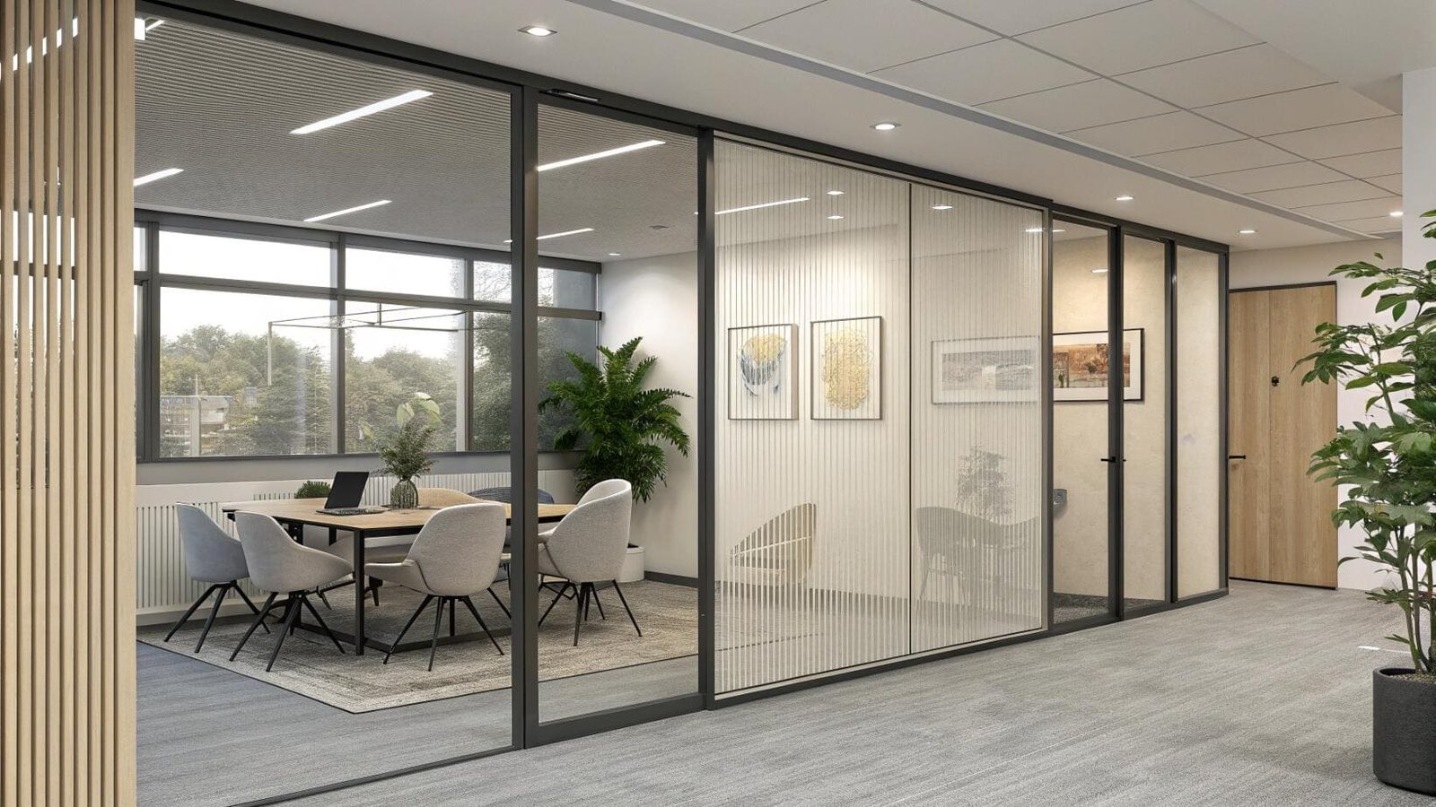 Vertical blinds on glass partitions provide privacy for a modern office conference room.