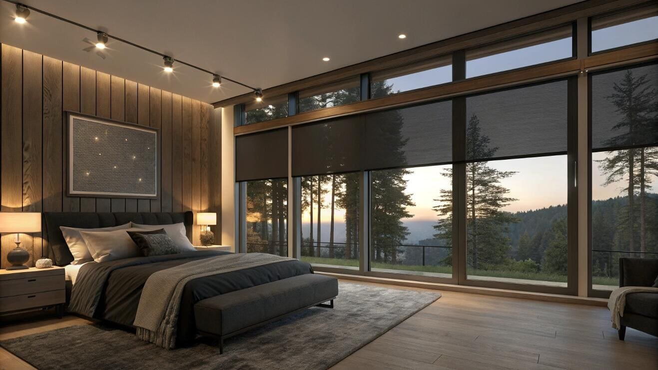 Motorized blackout roller shades offer privacy in a contemporary mountain-view bedroom.