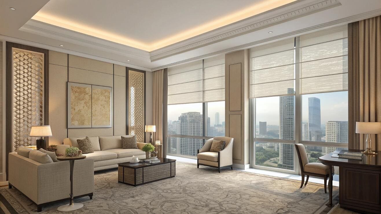 Elegant Roman shades provide light control for a luxury city-view living room.