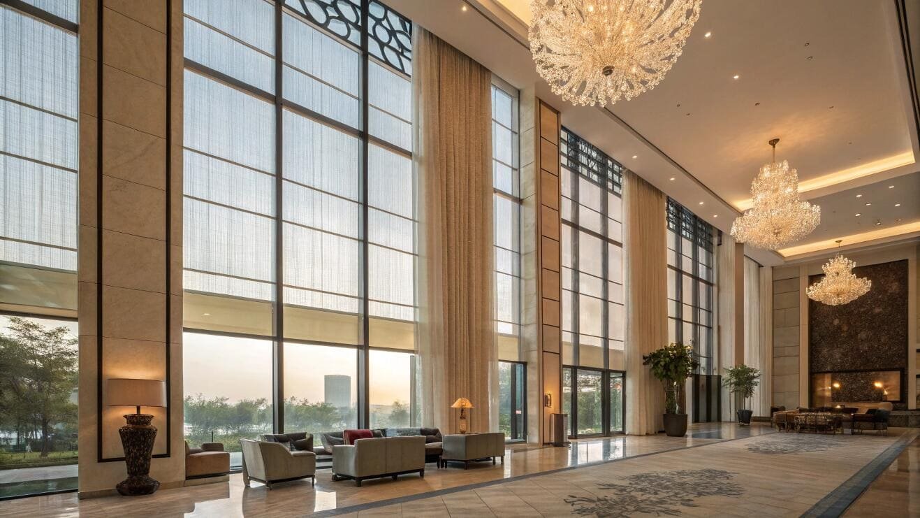 Large-scale motorized shades and curtains cover massive two-story windows in a hotel lobby.