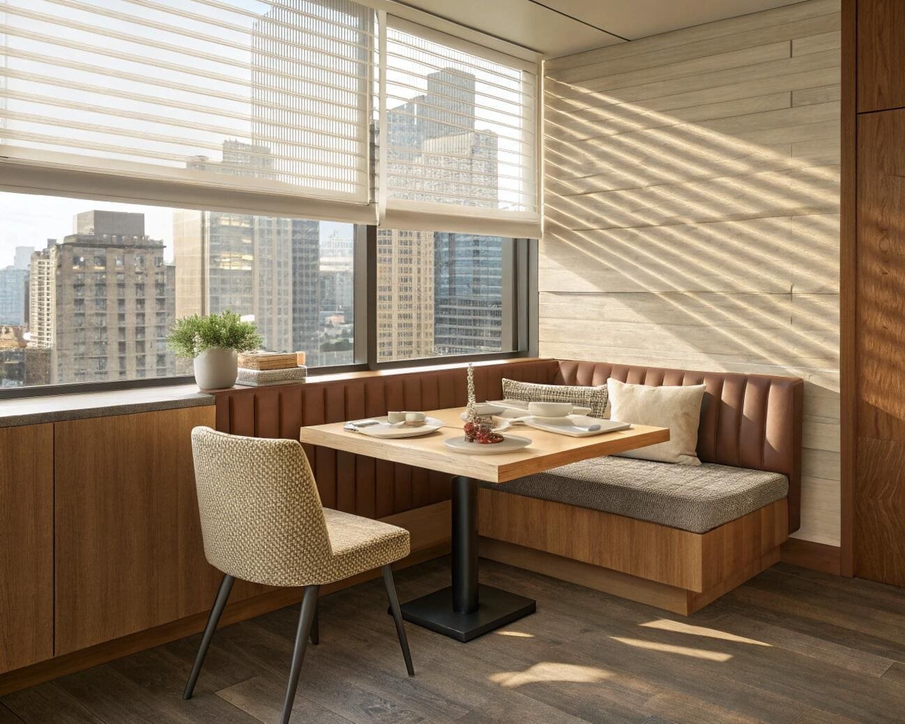 Modern dining nook with city views featuring light-diffusing zebra blinds.