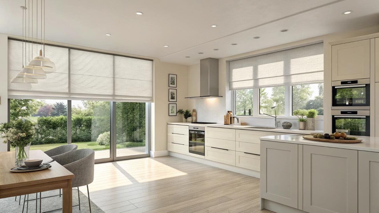 Light-filtering Roman shades provide a clean, modern look for kitchen and patio doors.