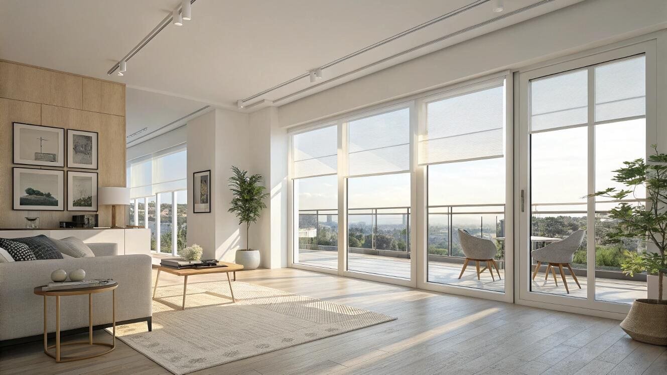 Motorized shades provide a clean, minimalist solution for wide patio and sliding doors.