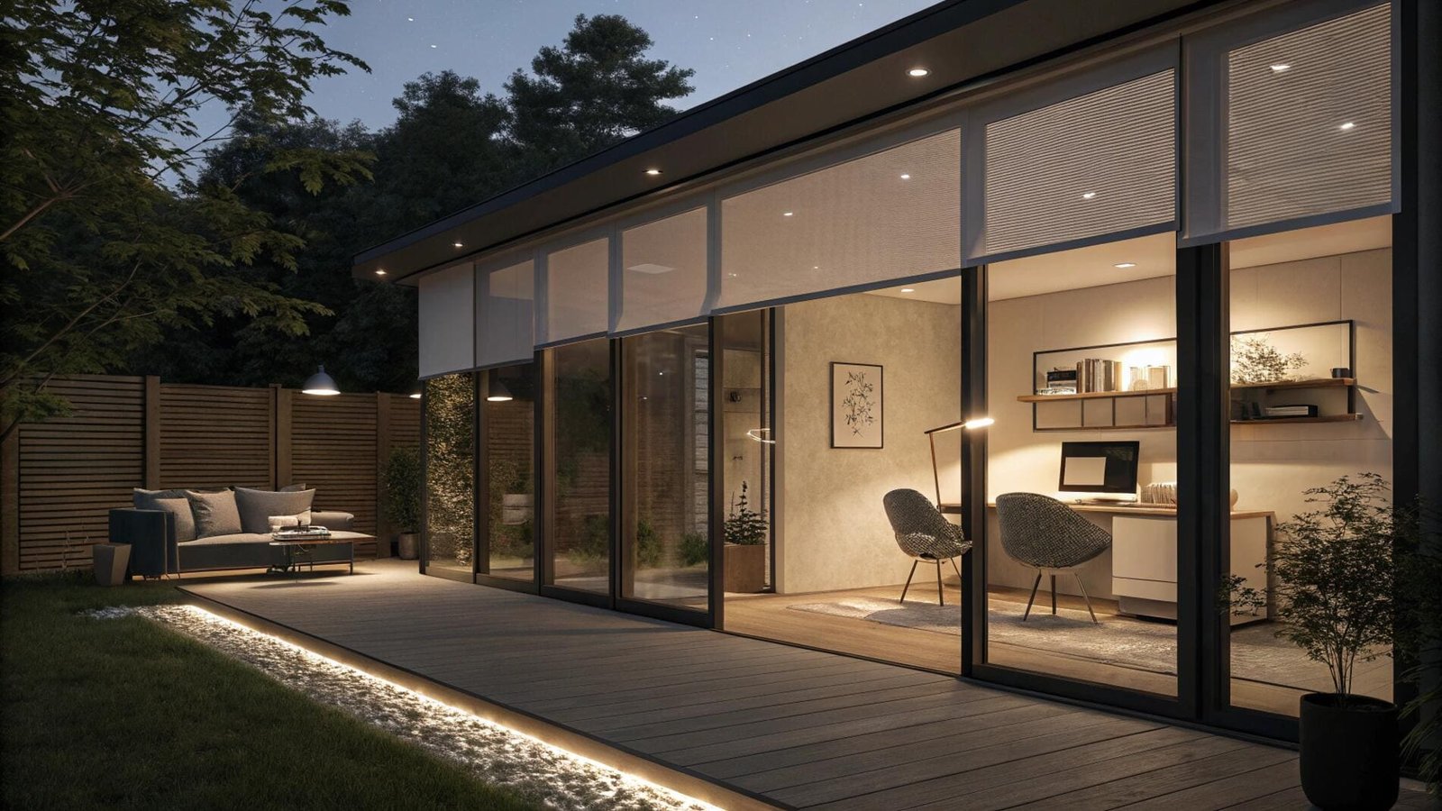 Light-filtering roller shades provide privacy for a modern home office at night.