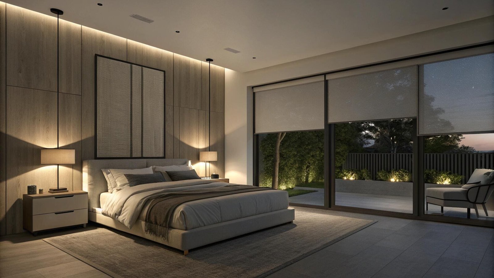 Motorized blackout shades provide total darkness and privacy for a modern bedroom.