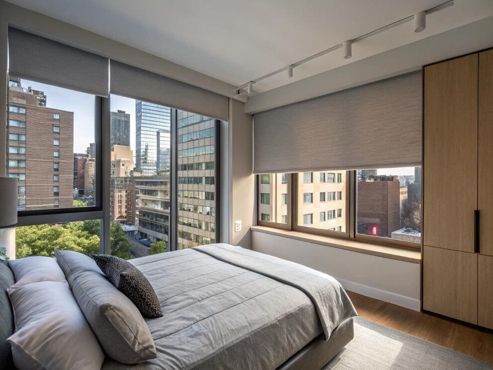 Blackout roller shades provide privacy and light control in an urban apartment bedroom.