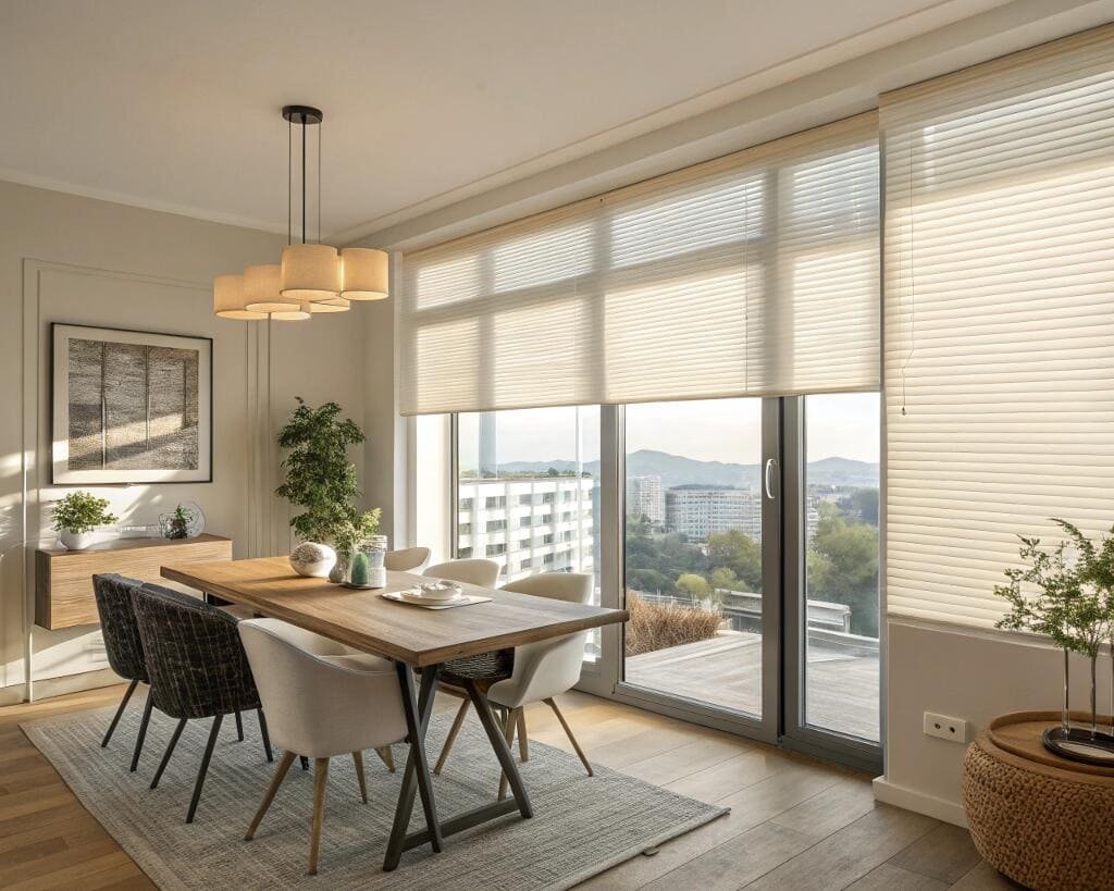 Modern dining room with cityscape views and light pleated window blinds.