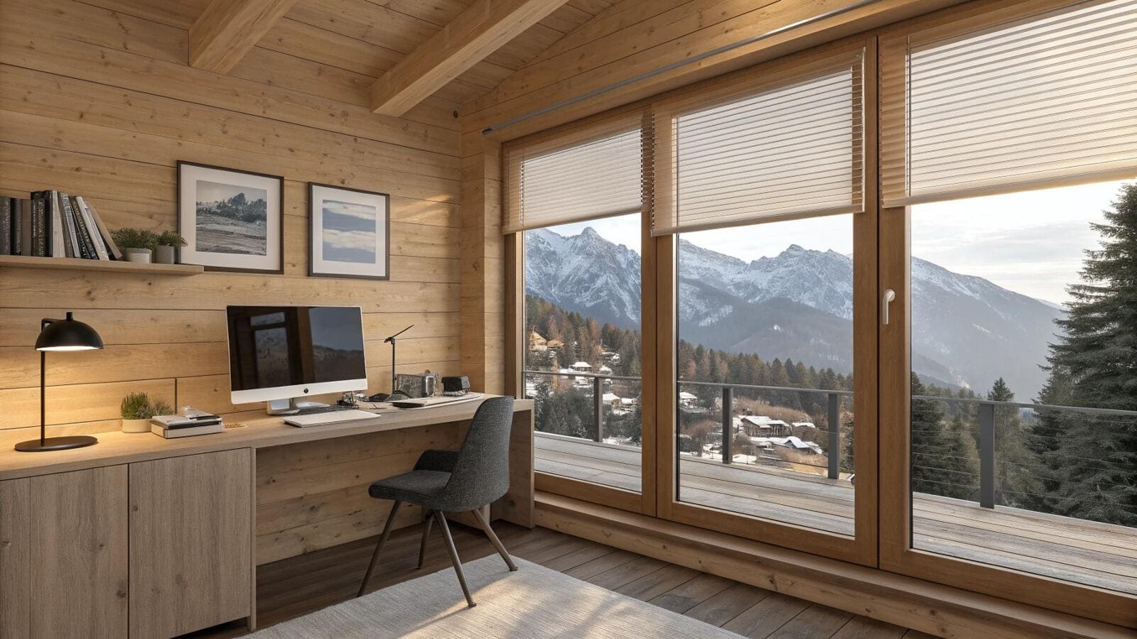 Mountain view home office with wooden interior and light pleated blinds.