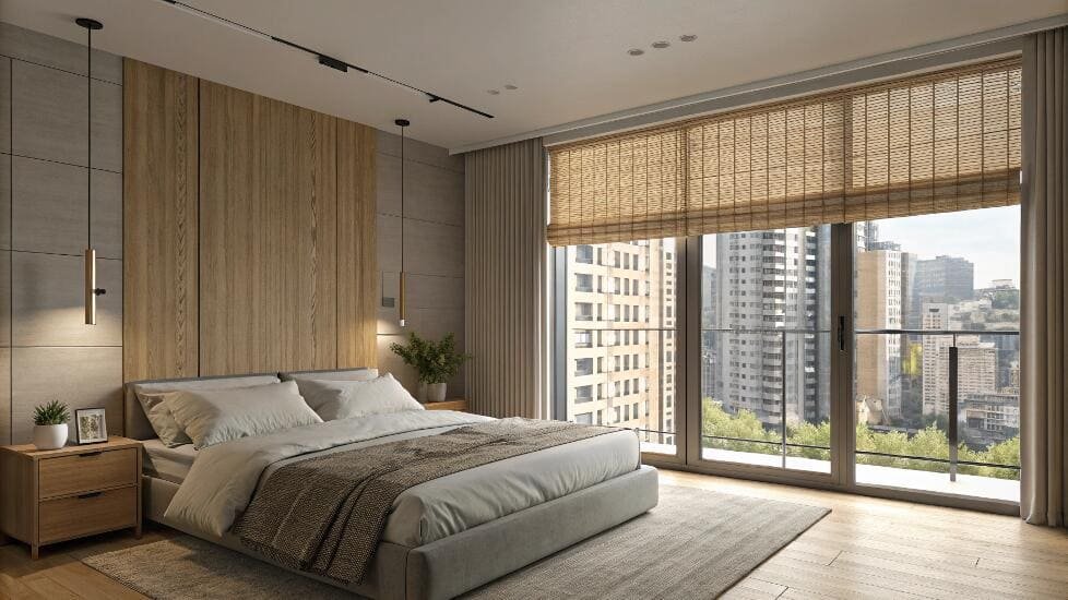 Contemporary bedroom with natural woven shade on balcony window and city views.