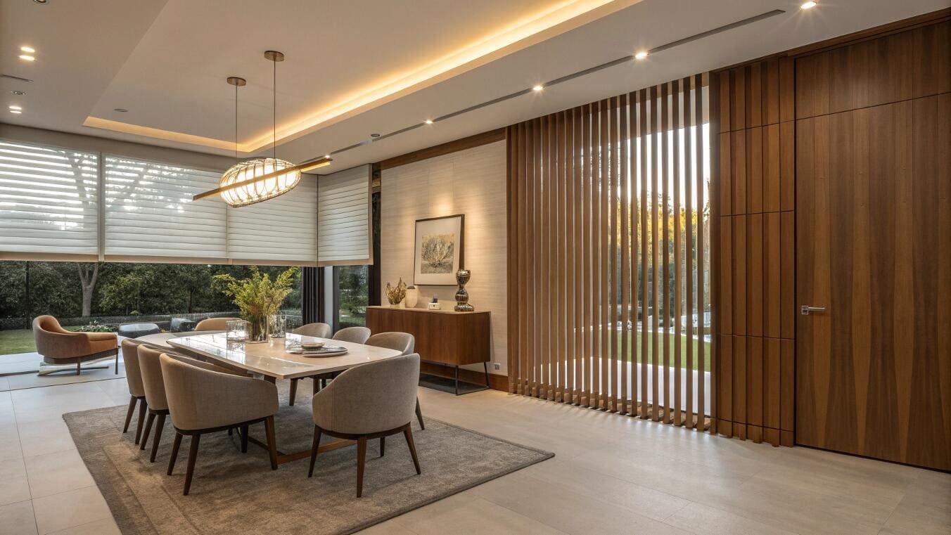 Modern dining room with contemporary lighting and sheer horizontal shades.