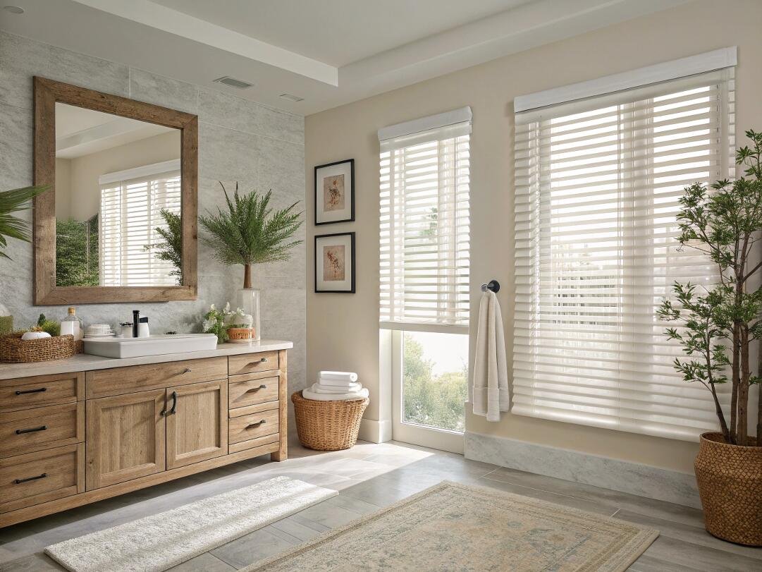 Spacious bathroom with wooden vanity and white horizontal window blinds.