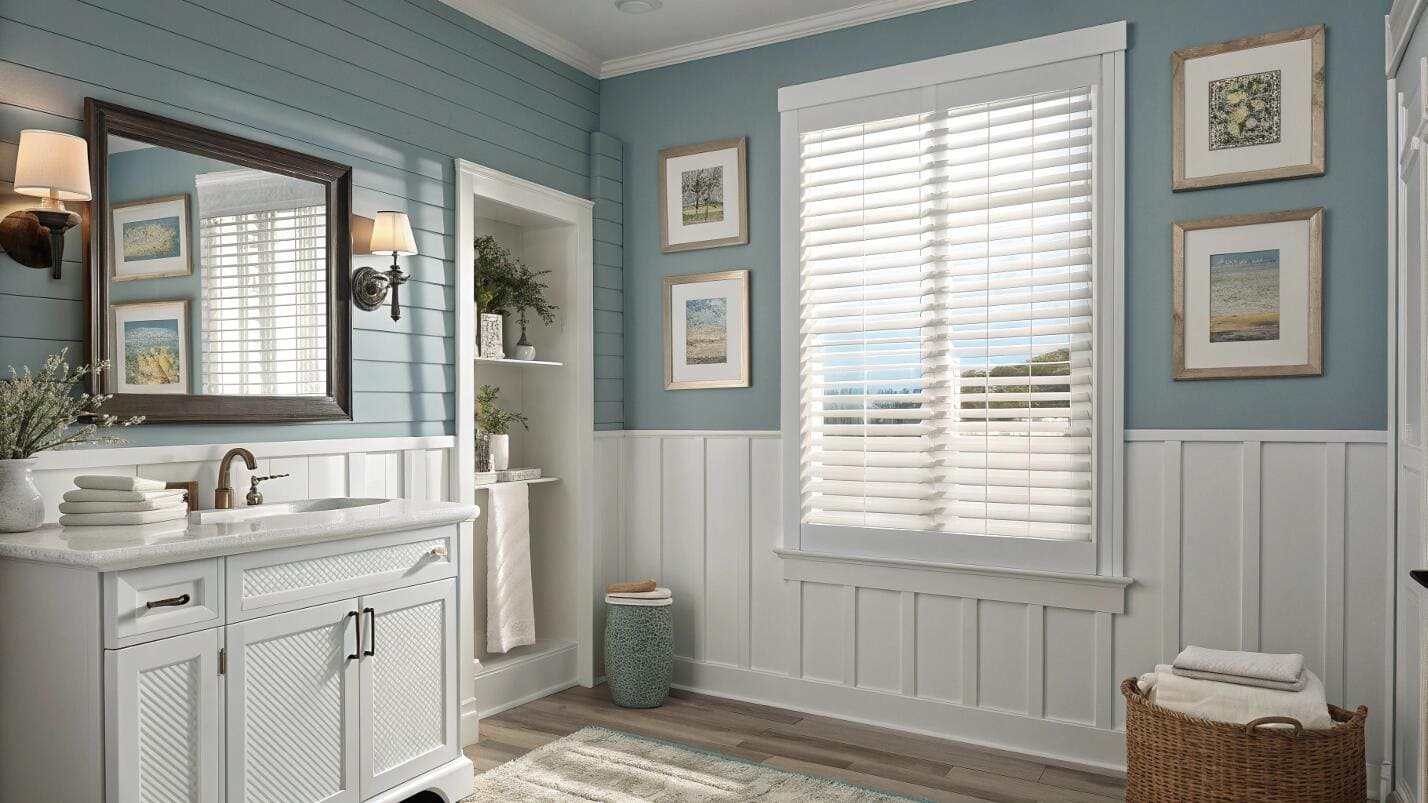 Coastal-inspired bathroom with white horizontal blinds and blue accents.